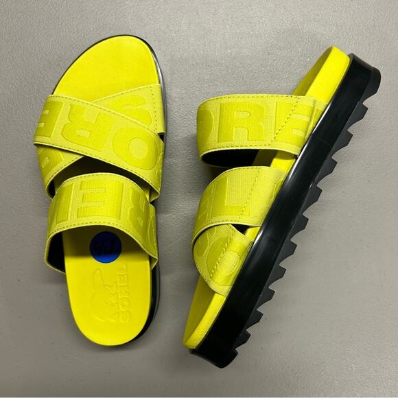 Sorel Sandal Roaming Sport Slide Slip On Platform Yellow Logo Spell Out NEW 7.5